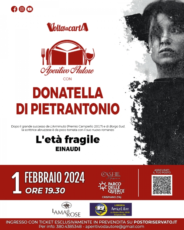 APERITIVO D\&#039;AUTORE/ Donatella Di Pietrantonio, questa sera, a Crispiano