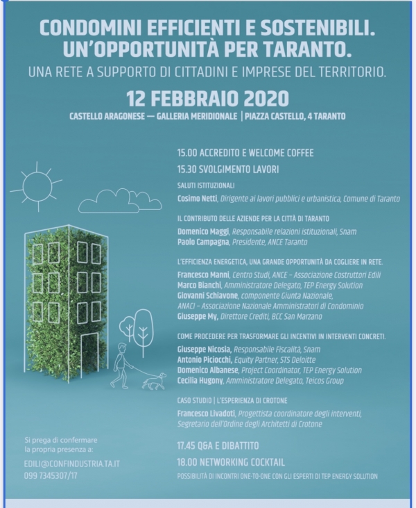 L’APPUNTAMENTO/  Condomini efficienti e sostenibili: convegno il 12 febbraio dalle 15 al Castello Aragonese
