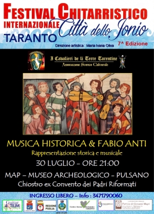 ESTATE TARANTINA/ Domani a Pulsano “Musica Historica &amp; Fabio Anti” al Festival chitarristico “Città dello Jonio”