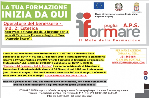 Formazione/ Corso per “Operatore del Benessere - Ind. 2 Estetica”. In programma a Taranto.