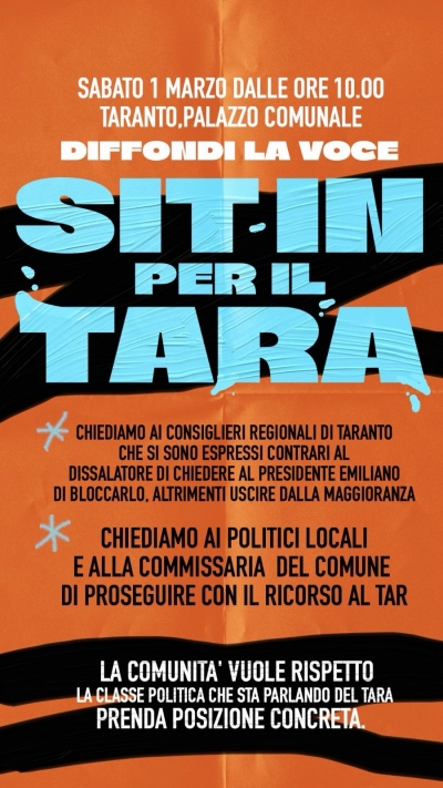 NO AL DISSALATORE- TARANTO/ Sabato sit-in di protesta davanti a Palazzo di Città