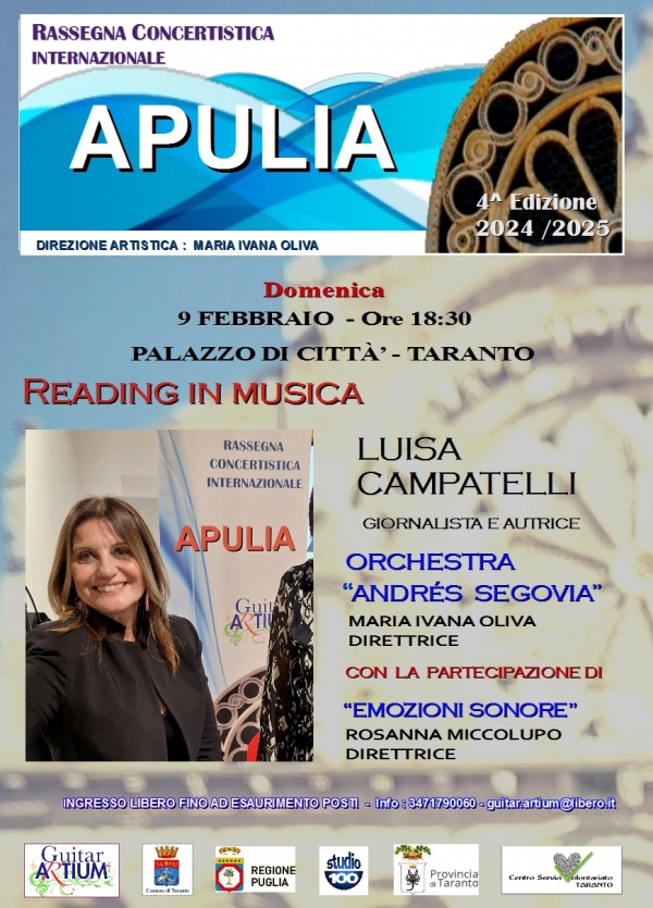 IN AGENDA- TARANTO/ Domenica, a Palazzo di Città, reading tra musica e parole