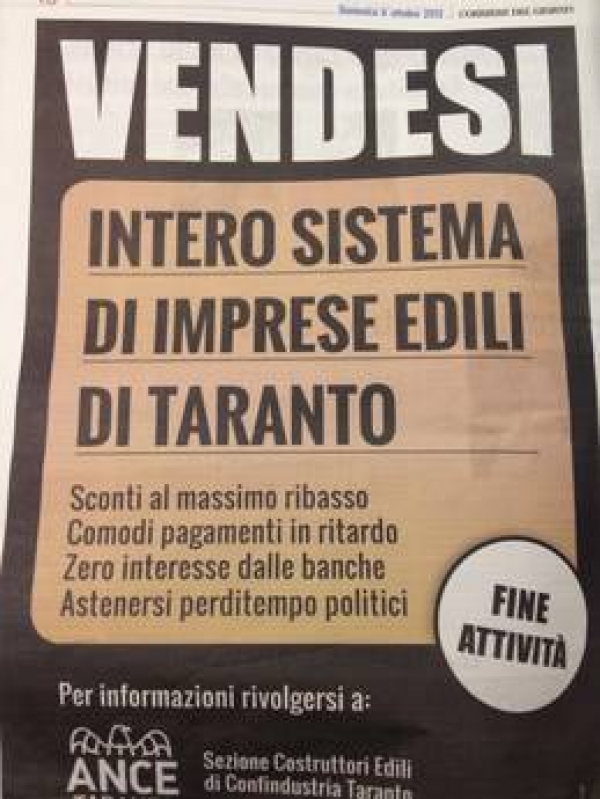 Vendesi intero sistema di imprese edili di Taranto&#039;: Provocatoria pagina pubblicitaria acquistata sui quotidiani locali dall&#039;ANCE.