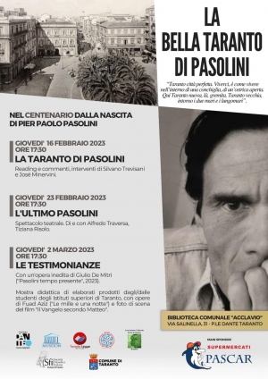 FEBBRAIO TARANTINO/ “La bella Taranto di Pasolini”: parte oggi la rassegna alla Biblioteca Acclavio