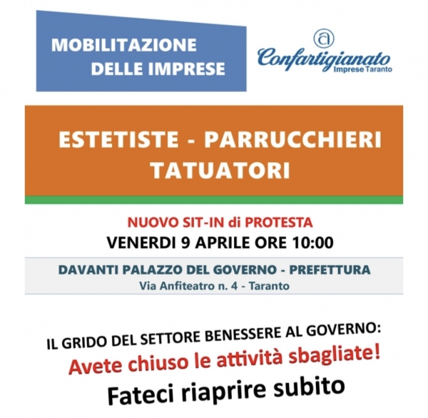 EMERGENZE/ &quot;Riapertura e ristori immediati&quot;, il settore benessere di Confartigianato protesta domani a Taranto