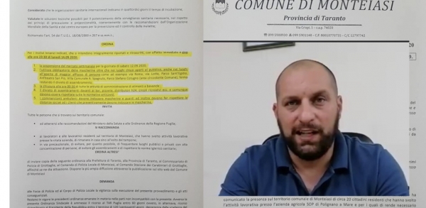 CORONAVIRUS/ Anche il sindaco di Monteiasi firma ordinanza per impedire diffusione del contagio