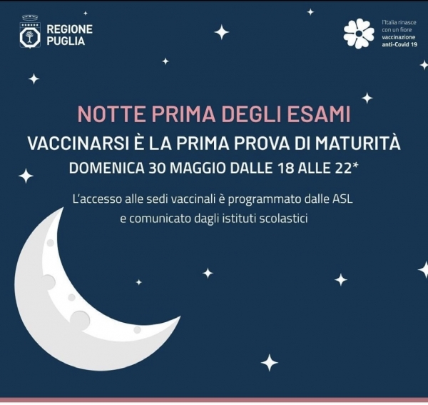 CORONAVIRUS/ Da domenica 30 maggio partono in Puglia le vaccinazioni ai maturandi