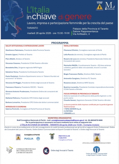 IN AGENDA-TARANTO/  &ldquo;L&rsquo;Italia in chiave di genere: Lavoro, imprese e  partecipazione femminile per la crescita del paese&rdquo;