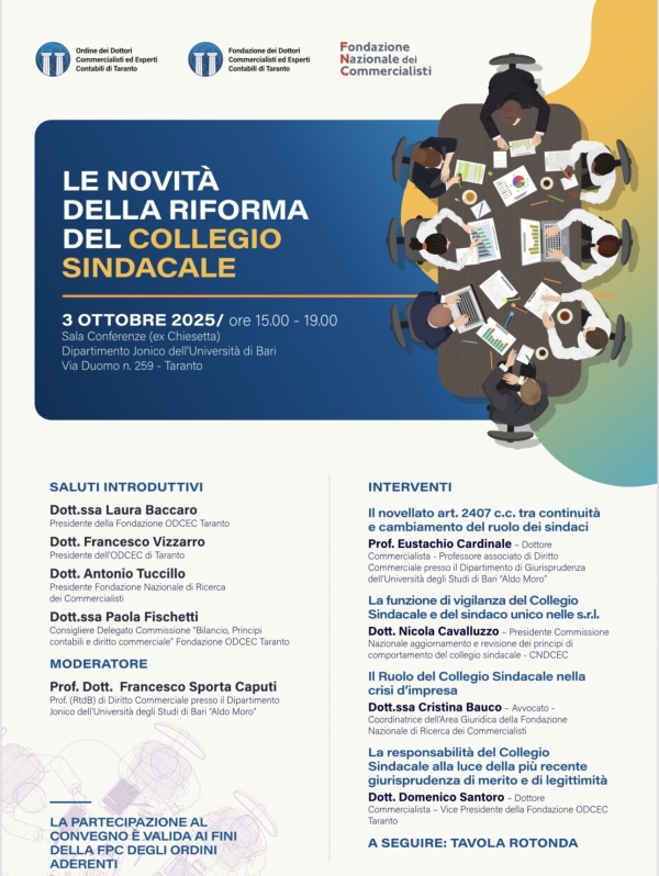 IN AGENDA-TARANTO/ Convegno dei Commercialisti sulle novit&agrave; della Riforma del Collegio sindacale