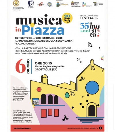 GIUGNO GROTTAGLIESE/ Musica in piazza: concerto dell&rsquo;IC &ldquo;Pignatelli&rdquo; per festeggiare i 35 anni