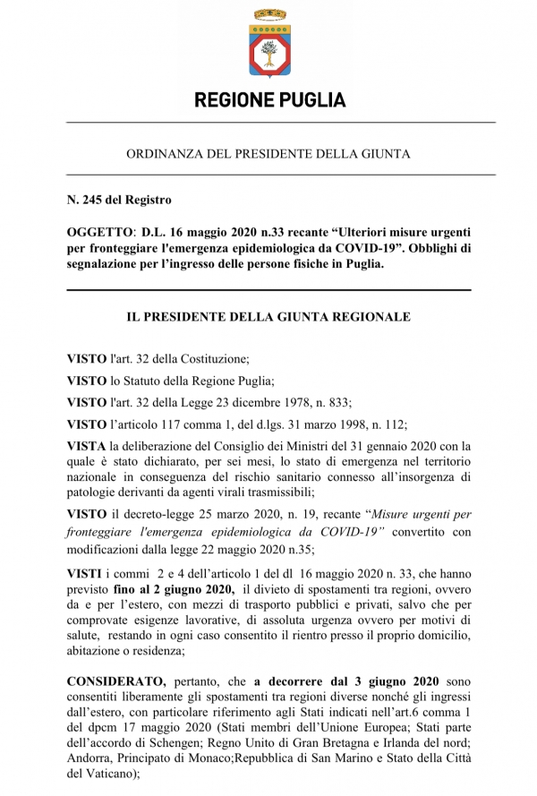 L’ORDINANZA/ Emiliano fissa le nuove regole, in vigore da domani, per chi viene in Puglia