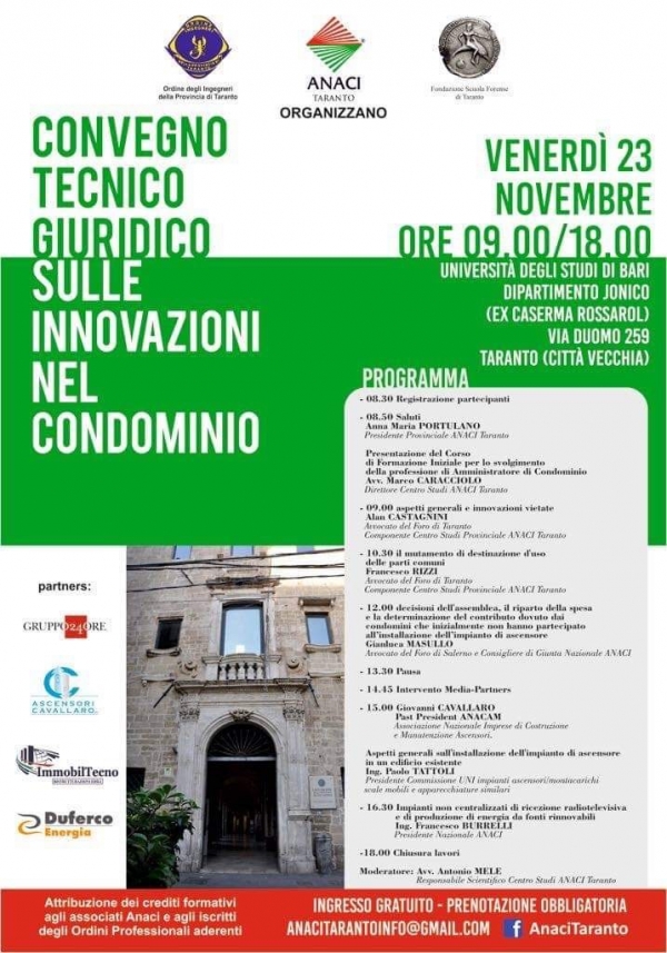 TARANTO/ Convegno con crediti formativi in programma il 23 novembre