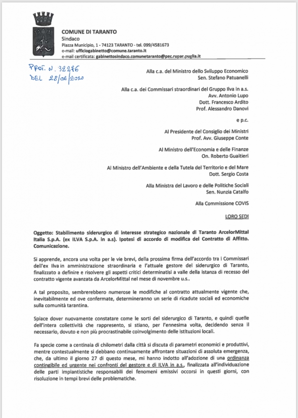 E’ SCONTRO/ Il sindaco Melucci al ministro Patuanelli “l’accordo  con ArcelorMittal non va firmato, prima  bisogna sentire  la città!”